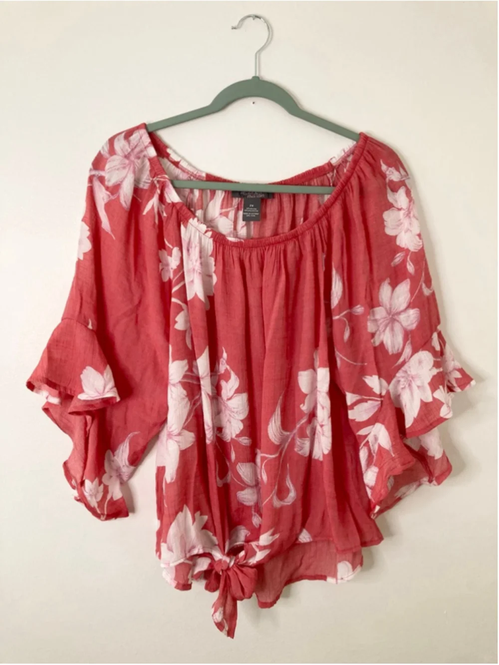 Olivia & Martin Coral White Floral Off-Shoulder Boho Ruffle Blouse Tie-Hem 2X